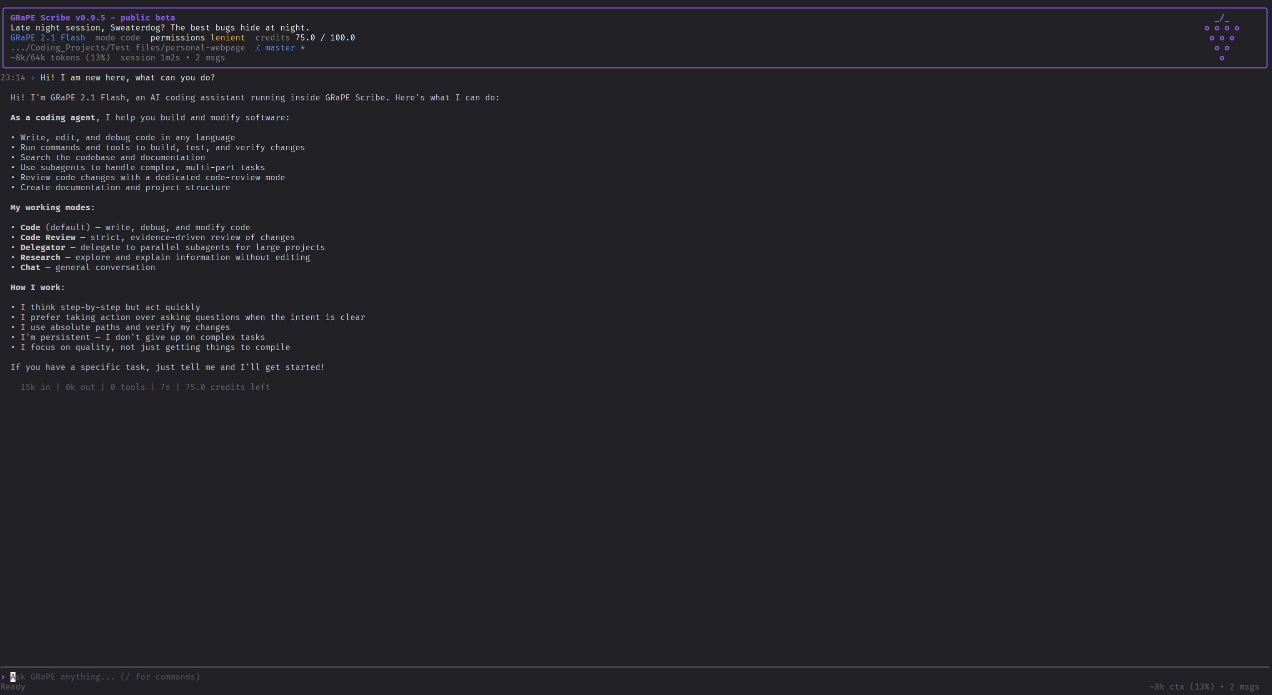 GRaPE Scribe welcome screen